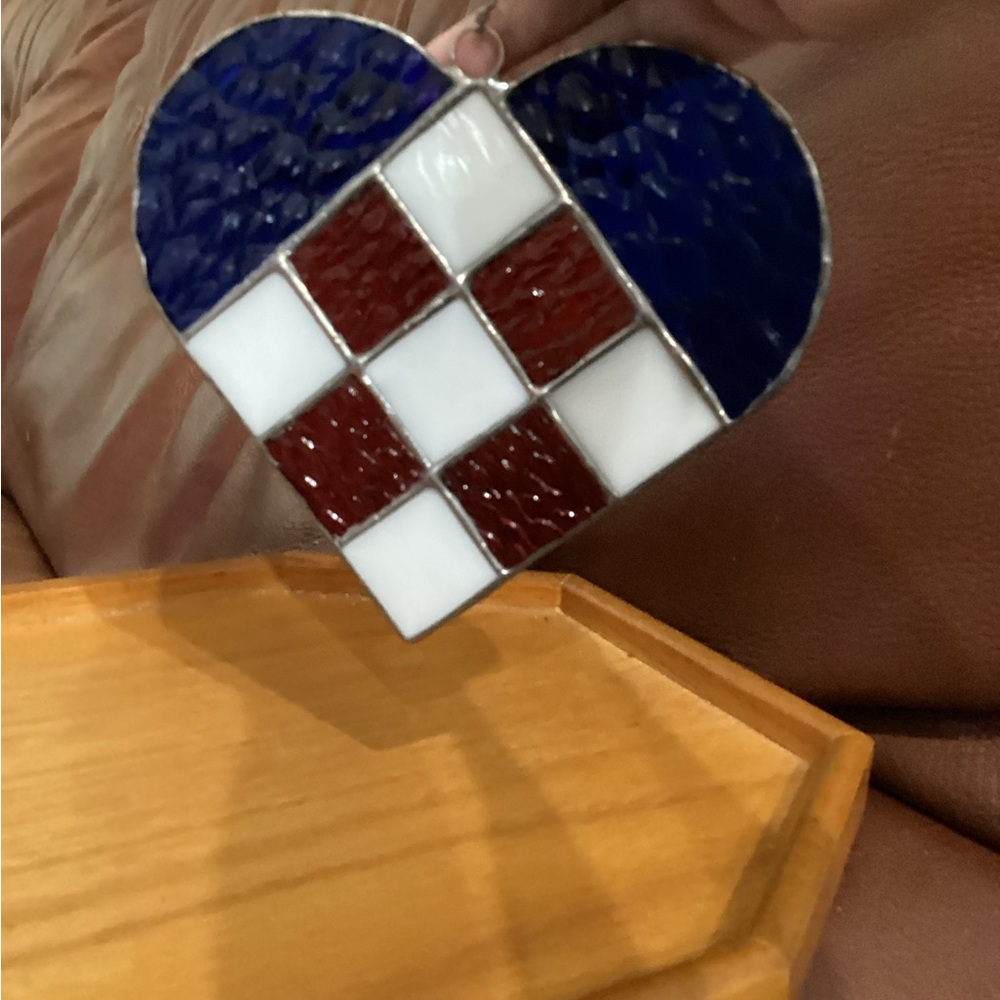 Stained Glass Heart Ornament - Blue, Red, and White 5.25”